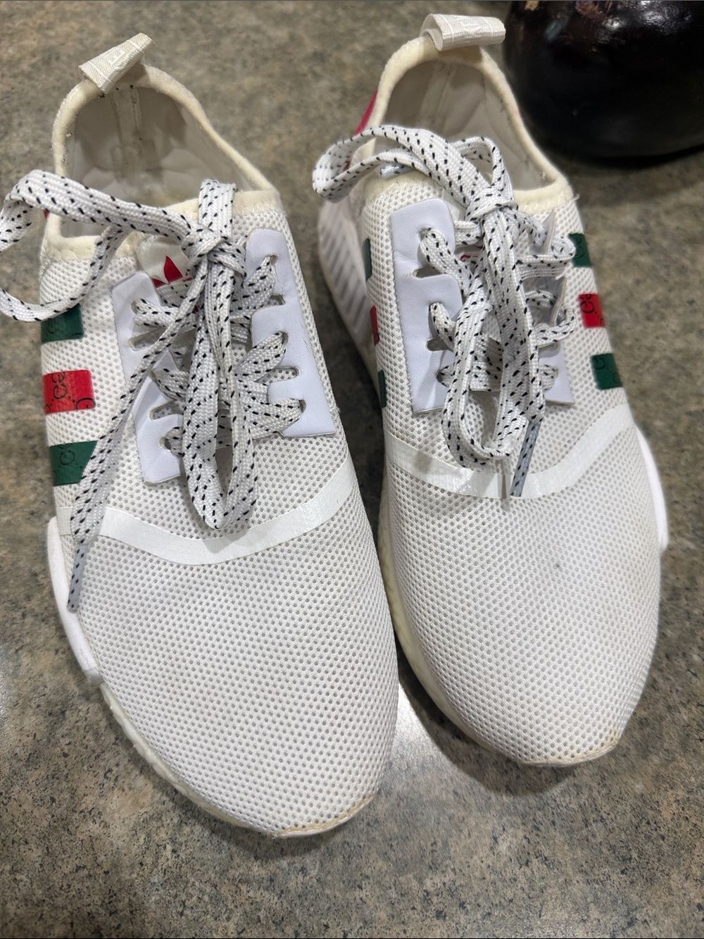 adidas White Mesh Sneakers with Red & Green Stripes